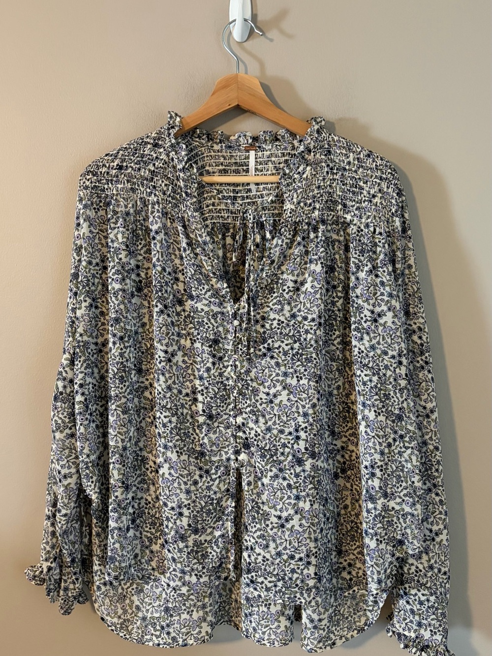 Free People Floral Smocked Yoke Blouse - White & Blue